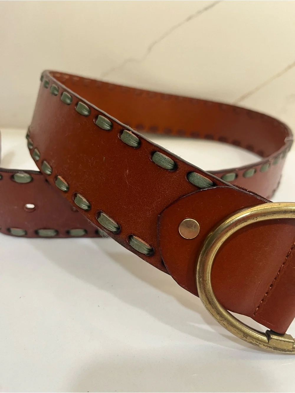 Genuine Leather Brown Statement Belt with Brass Oval Buckle